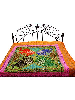 Mustard and Green Gujarati Bedspread with Appliqué Elephants and All-Over Embroidery