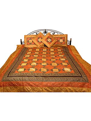 Mustard and Red Seven-Piece Banarasi Bedcover with Woven Elephants