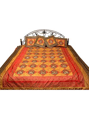 Mustard and Red Seven-Piece Banarasi Bedcover with Woven Elephants