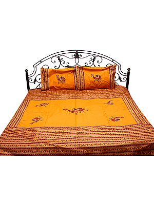 Mustard-Yellow Applique Bedspread with Embroidered Camels