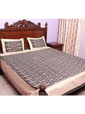 Off White and Gray Bedspread with Ikat Weave Hand-Woven in Pochampally
