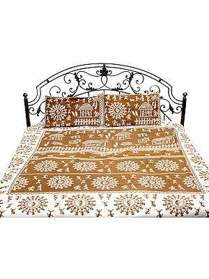 Old-Gold Bedspread with Hand Printed Folk Figures Inspired By Warli Art