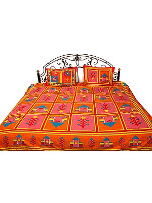 Orange and Pink Bedspread with Kantha Stitch Embroidery and Printed Hut