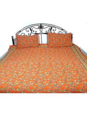 Orange Block Printed Floral Bedspread