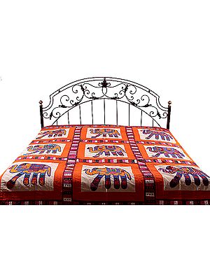 Orange Kutch Embroidered Bedspread with Appliqué Elephants