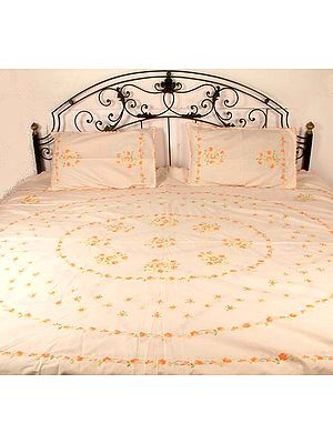 Peach Bedspread with Floral Embroidery