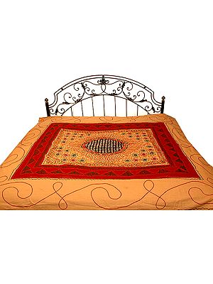 Peach-Yellow Gujarati Bedspread with Hand-Embroidery