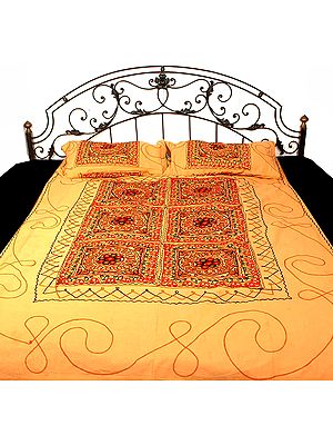 Peach-Yellow Single Bedspread from Gujarat with All-over Embroidery