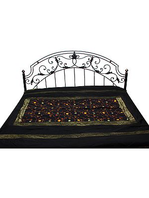 Phantom-Black Banarasi Bedspread with Crewel Embroidered Flowers and Brocaded Border