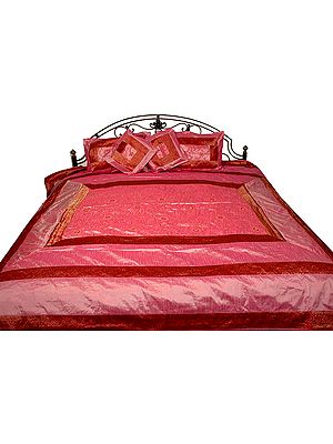Pink Bedcover with All-Over Embroidered Flowers and Brocaded Border