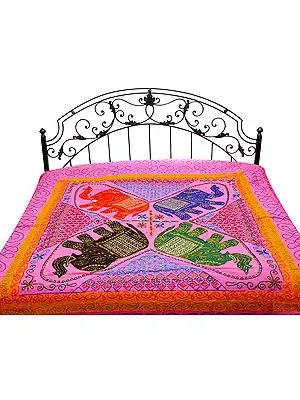 Gujarati Bedspread with Applique Elephants, Sequins and All-Over Embroidery