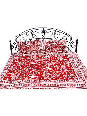 Pompeian-Red Bedspread with Hand Printed Folk Figures Inspired By Warli Art