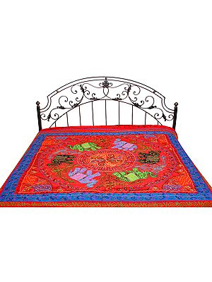 Pompeian-Red Gujarati Bedspread with Appliqué Elephants and All-Over Embroidery