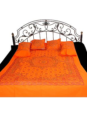 Printed Orange Single Bedspread with Golden Paint