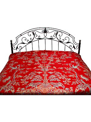 Pure Silk Jamawar Bedspread with Woven Birds and Trees of Life
