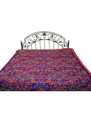 Purple Gujarati Bedspread with All-Over Thread Work