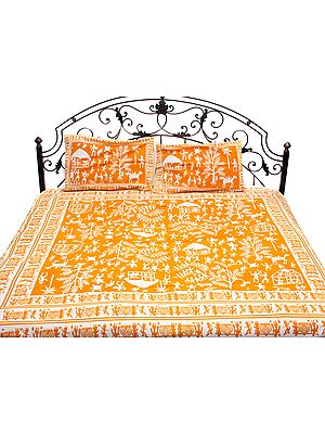 Radiant-Yellow Bedspread with Hand Printed Folk Figures Inspired By Warli Art
