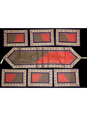 Red and Black Seven Piece Banarasi Dinner Set with Golden Thread Weave and Brocaded Border