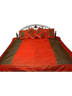 Red and Black Tanchoi Bedcover from Banaras with All-Over Weave