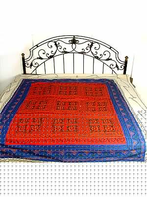 Red and Blue Bedspread with Embroidery and Mirrors