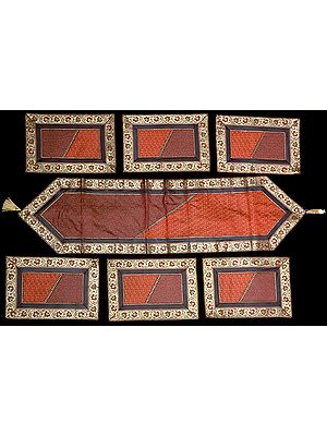 Red and Coffee Seven Piece Banarasi Dinner Set with Golden Thread Weave and Brocaded Border