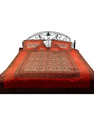 Red and Cordovan Seven-Piece Banarasi Bedcover with Woven Peacocks