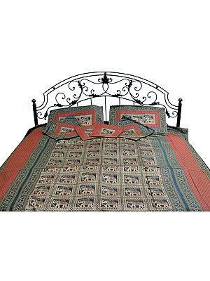 Red and Green Seven-Piece Banarasi Bedcover with Woven Elephants