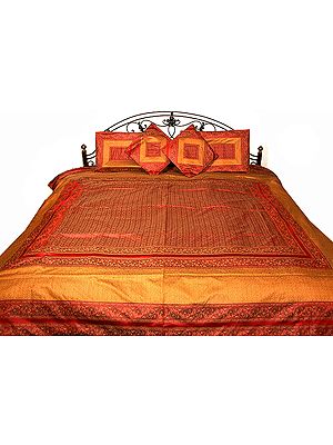 Red and Mustard Seven Piece Banarasi Bedcover with All-Over Tanchoi Weave