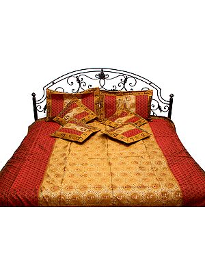 Red and Mustard Seven-Piece Bedspread from Banaras with Tanchoi Weave