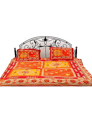 Red and Orange Kantha Stitch Printed Bedspread
