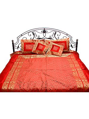 Red Five-Piece Banarasi Bedspread with Tanchoi Weave All-Over and Brocaded Border