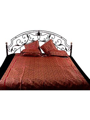 Red Five-Piece Single-Bed Banarasi Bedcover with Floral Weave