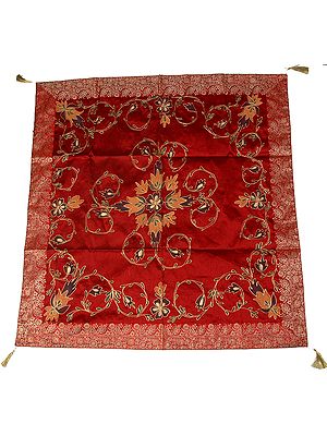 Red Floral Table Cover with Golden Thread Work and Brocaded Border