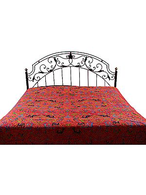 Red Cotton Bedspread with Embroidered Elephants and Parrots