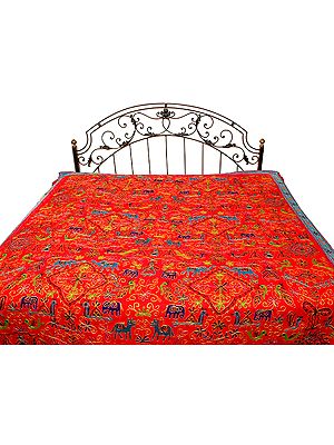 Cotton Bedspread in Red with Intricate Embroidery and Traditional Designs