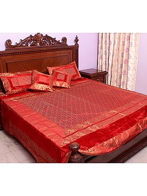 Red Tanchoi Bedcover from Banaras with All-Over Weave