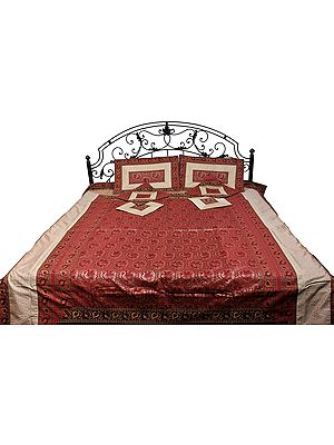 Red-Ochre Seven-Piece Banarasi Bedcover with Brocade Woven Peacocks and Elephants