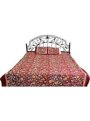Rio-Red Bedspread with Floral Kantha Embroidery by Hand