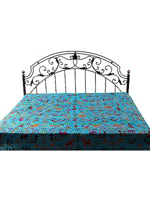 Robin-Egg Blue Gujarati Bedspread with All-Over Hand-Embroidered Elephants