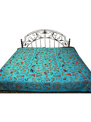 Robin-Egg Blue Gujarati Bedspread with All-Over Thread Work