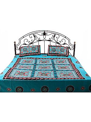 Robin-Egg Blue Gujarati Bedspread with Hand-Embroidery All-Over