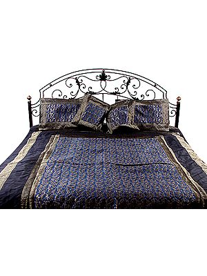 Royal-Blue Bedcover with All-Over Brocade Weave