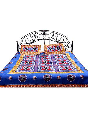 Royal-Blue Gujarati Bedspread with Hand-Embroidery All-Over