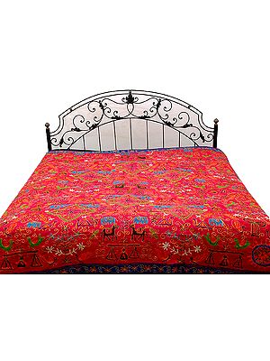Ruby Gujarati Bedspread with All-Over Thread Work