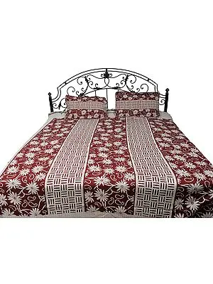 Russet-Red and Cream Floral Printed Bedspread from Pilkhuwa
