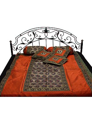 Rust and Black Seven-Piece Banarasi Single Bedcover with Tanchoi Weave and Brocaded Border