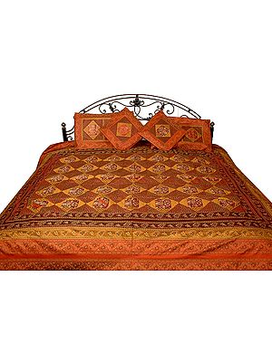 Rust and Mustard Seven-Piece Banarasi Bedcover with Woven Flower Pots