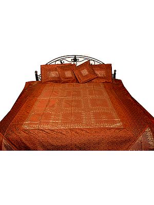 Rust Seven-Piece Banarasi Bedcover with All-Over Tanchoi Weave