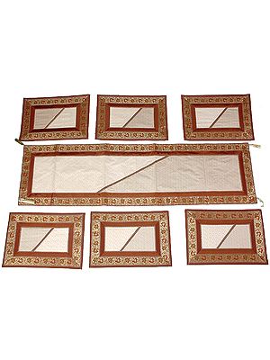 Seven Piece Brown and Ivory Dinner Set with Golden Thread Weave and Brocaded Border