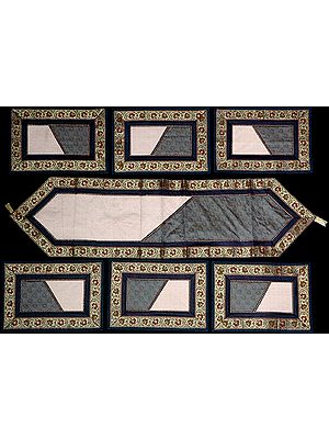 Seven Piece Gray and Ivory Banarasi Dinner Set with Golden Thread Weave and Brocaded Border